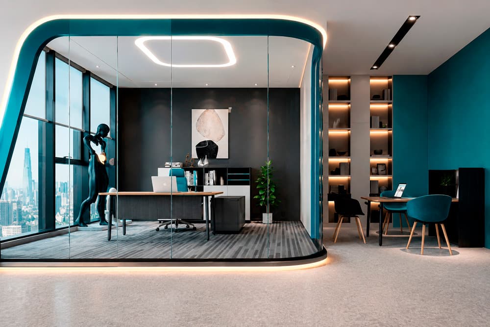 The same executive office pod switched to transparent